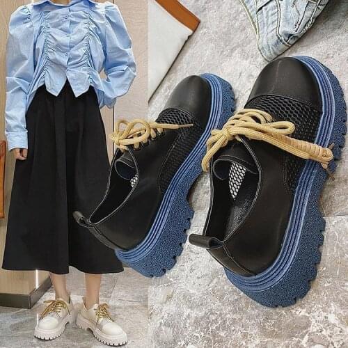 2021 Women Platform Leather Shoes Spring Bold Lace-Up Casual Round Toe Shallow Fashion All-match Female Soft Shoes