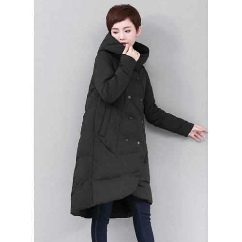 Womens long down jacket black Large size Thicken White duck down Slim