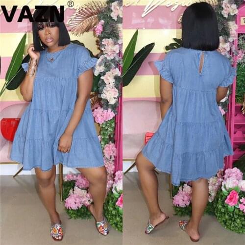 VAZN Sweet 2020 summer sexy lady blue solid mini gown ball dress short sleeve ruffles loose dress sweet girl popular daily dress