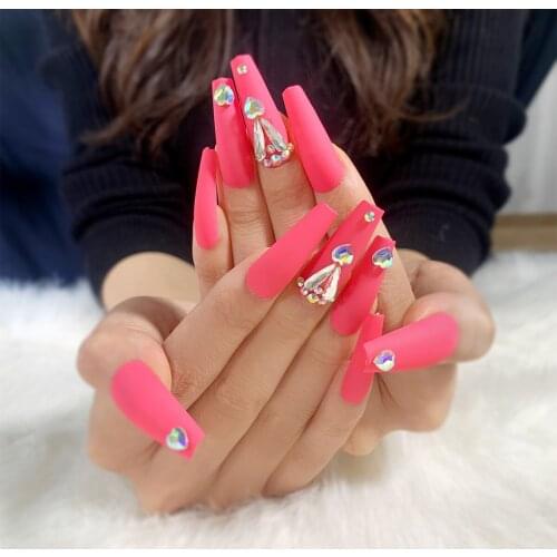 24pcs Fake Nails With Glue Nails Patch Glue Type Long Paragraph Fluorescent Pink Fashion Manicure Patch False Nails Patch Tn