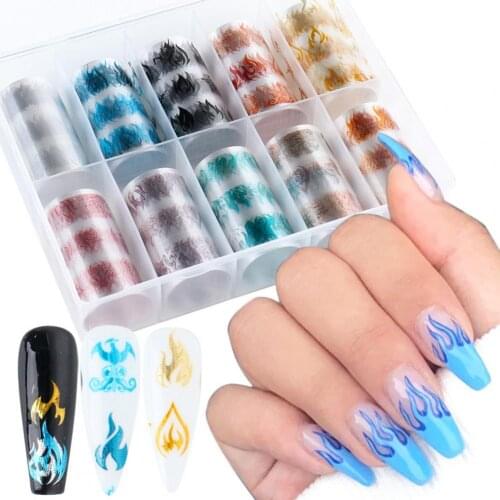 80% Hot Sale 10Pcs/Set Nail Flame Sticker Vivid Images DIY Colorful Holographic Manicure Art Foils Flame Transfer for Female