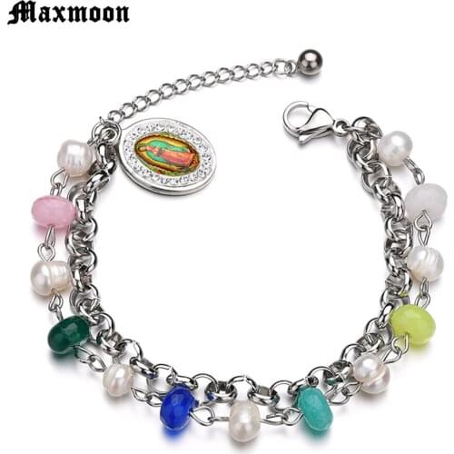Maxmoon bead rosary bracele ,religious catholic bracelets with Virgin Mary centerpiece and Colorful Beads Charm Bracelet
