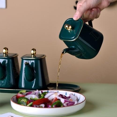 Color Glaze Ceramic Olive Oil Bottles Set Nordic Porcelain Soy Sauce Cruet Spice Jars with Lid Home Kitchen Seasoning Container