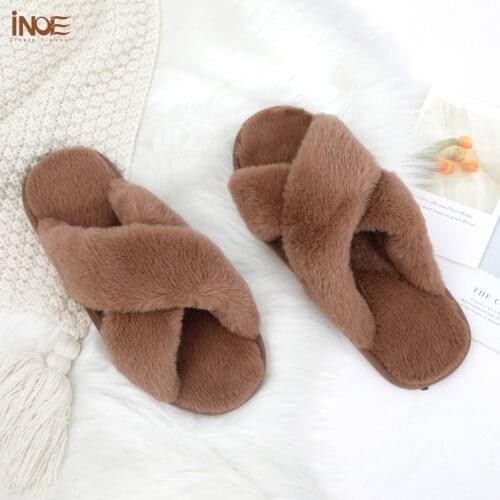 INOE 2021 New Faux Rabbit Fur Soft Men Winter Slippers Warm Plush Lined Home Lazy Casual Shoes Slip On House Leisure Flats Brown