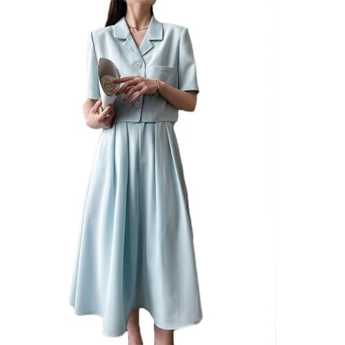 2 Piece Sets Women 2021 Summer French Elegant Solid Color Suit Collar Short Top And Slim Pleated Midi Skirt Suits Female LR1532