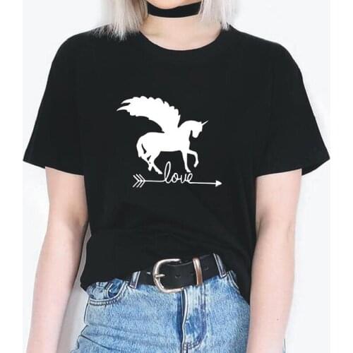Summer Short Sleeve Harajuku Tee Shirt Femme Fashion Love Letter Horse with Wings Art T Shirt Women Tops Casual Camiseta Mujer