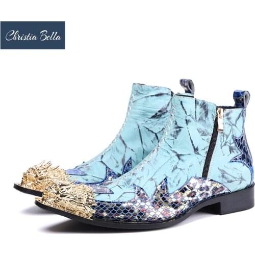 Christia Bella Winter Blue Real Leather Men Ankle Boots Metal Pointed Toe Party Short Boots Zipper Motorcycle Boots Male Shoes