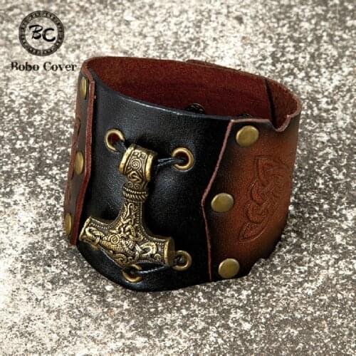 Norse Vikings Genuine Leather Wristband Men Thors Hammer Mjolnir Bracer Bracelet Trinity Amulet Handmade Vintage Bronze Jewelry