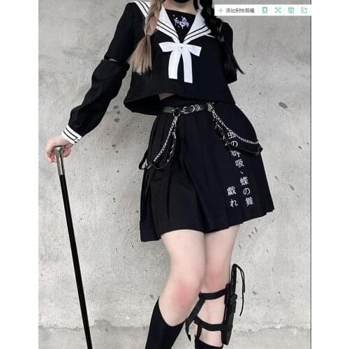 Japanese New Autumn Fashion Women Preppy Style Punk Gothic Girls Harajuku Black Skirt Embroidery Woman Pleated Skirts Suit