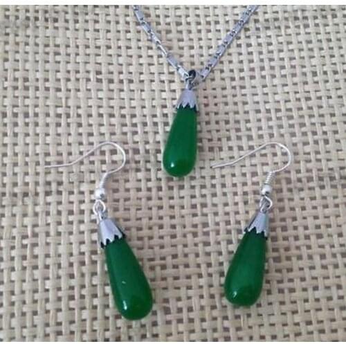 New hot Pretty Green Jade Tear Drop Dropping Necklace + Hook Earrings Girls Jewe lry Set