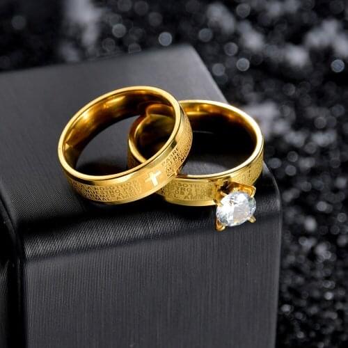 Stainless Steel Wedding Rings For Couples Gold Color Crystal Stone Lovers Rings Set Men Women Engagement Wedding Rings Size 7-11
