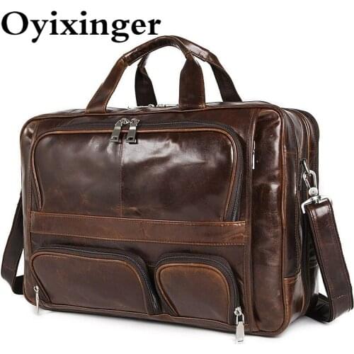 OYIXINGER Mens Genuine Leather Laptop Bag Large Capacity Business Shoulder Bags Multifunction Laptop Briefcase For 17" Macbook