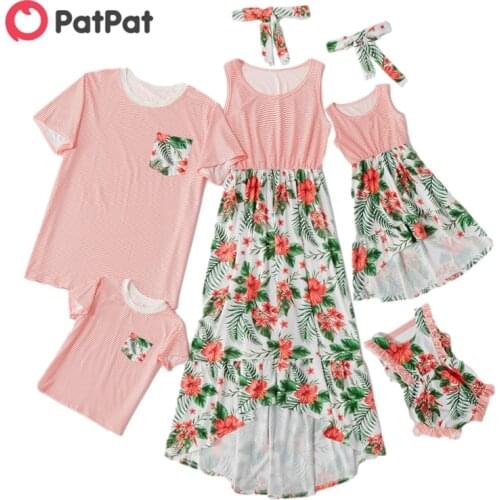PatPat 2021 New Arrival Summer Mosaic Family Matching Stripe Floral Tank Dresses T-shirt Romper for Dad-Mom-Boy-Girl-Baby Sets