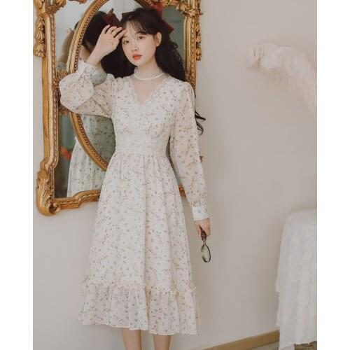 French Vestido Floral Gentle Sweet Dress Femininas Mesh Patchwork Ruffle Stand-up Collar Chiffon Fairy Dress Lady Fall Dresses