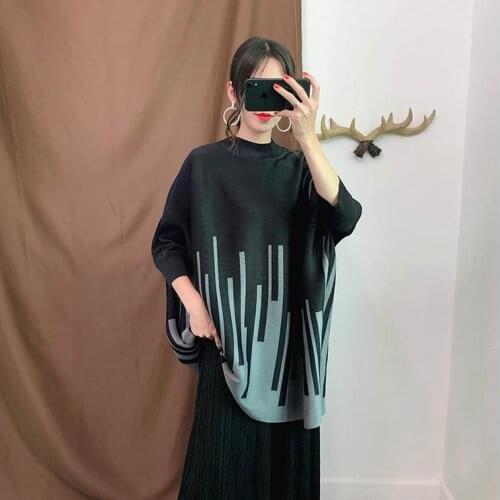 Miyake Pleated High Collar Pullover Top Autumn New Loose Large Size Fat Sister Pleated T-shirt Bottoming Shirt