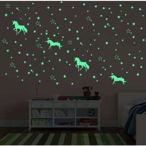 Luminous Unicorns And Stars Wall Sticker For Kids Baby Rooms Wardrobe Door Home Decor Glow in the Dark Peel & Stick Wallpaper