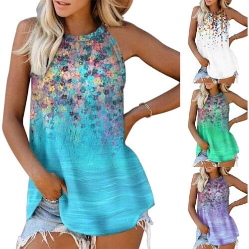 Floral Printed Sleeveless Vest Summer Women Sexy Round Neck Casual T Shirt Loose Plus Size Harajuku Ladies Halter Tops