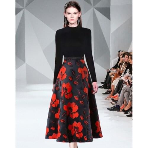 2021 Autumn New Two Piece Set Women Black Solid Full Sleeve Knitted Cotton Tops&Polka Dot Printed A Line Long Skirt Suits