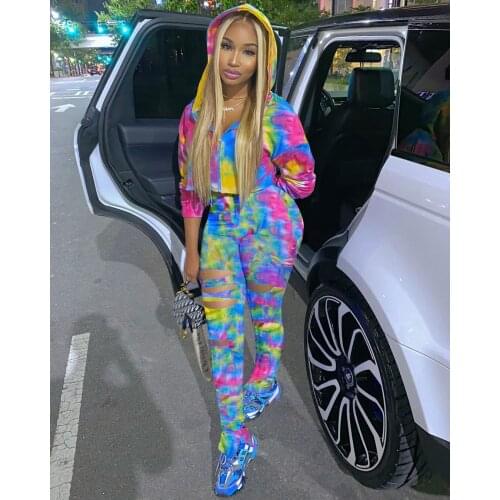 2021 Ins Internet Celebrity Famous Women Set 2Pcs Tie Dye Longsleeve Short Coat