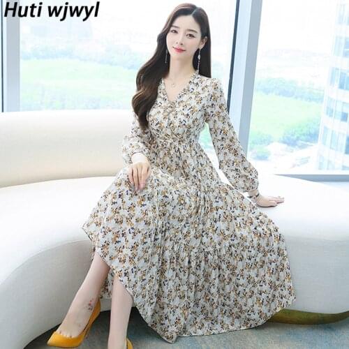 Spring Autumn Floral Chiffon Casual Beach Dress Korean Bodycon Vintage Robe 2021 Women Elegant Party Runway Midi Evening Vestido