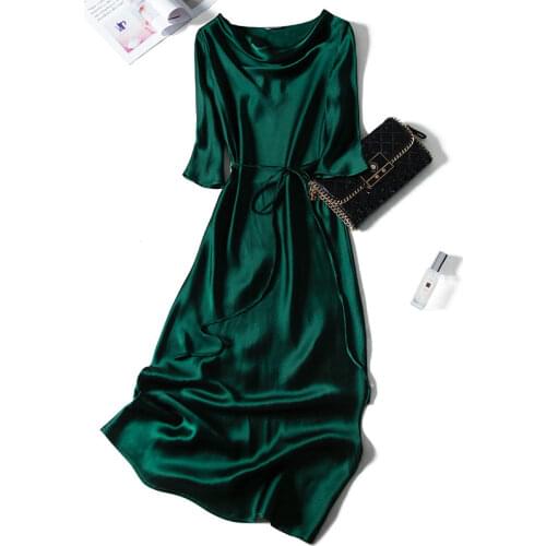 High-Quality Silk Satin Green Heavy Long Dress Loose Temperament Long Sleeve 2021 Spring And Summer Womens Fashion Dress