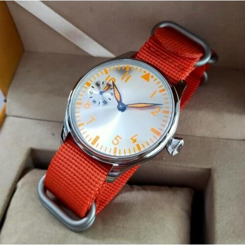 44mm Pilot style not have logo Mechanical Hand Wind Mens Watch Silver dial orange number orange nylon band st3600-2 movement