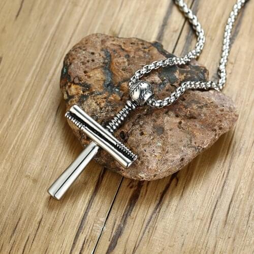Baseball Bat Cross Pendant for Men Stainless Steel Necklace Punk Religious Male Jewelry Sport Lover Ornaments