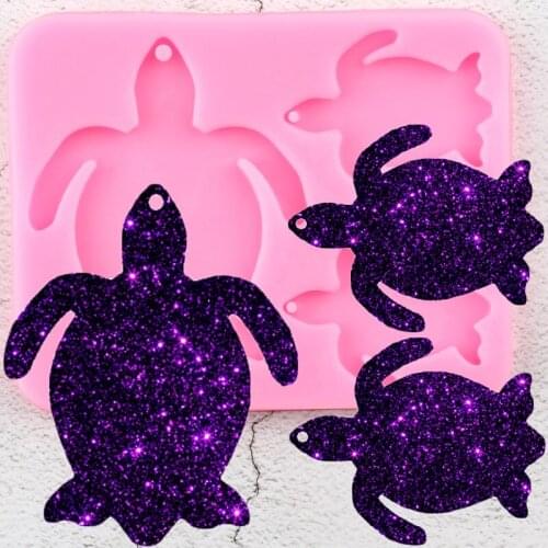 Shiny Turtle Family Keychains Mold Clay DIY Tortoise Mom And Baby Jewelry Making Glitter Epoxy Key Chain Silicone Mould