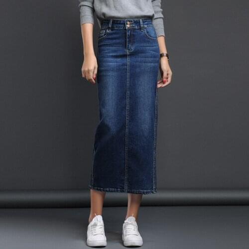 Denim Midi Skirt With Slit 2021 Autumn Korean Fashion Jeans Skirts Womens High Waist Plus Size Clothes Casual Bottoms For Ladies