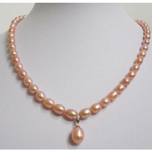 Attractive AAA 18"8-9mm south sea pink pearl necklace + pendant 14k white