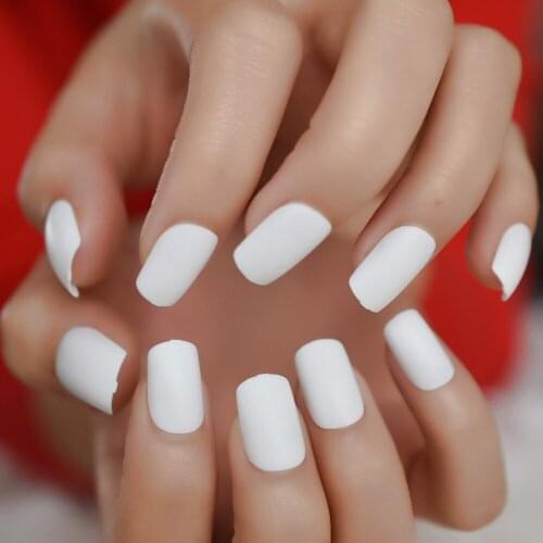Frosted Finished White Press on False Nails 24pcs Square Head Matte Designed Full Cover Fake Finger Nails Daily Wear