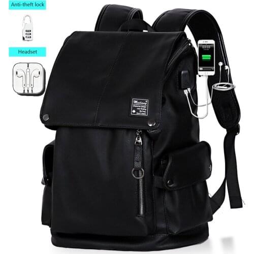 Man Backpack PU Leather USB Recharging Laptop Schoolbag Male Waterproof Travel Backbag Trend Simplicity Casual High Quality Bag