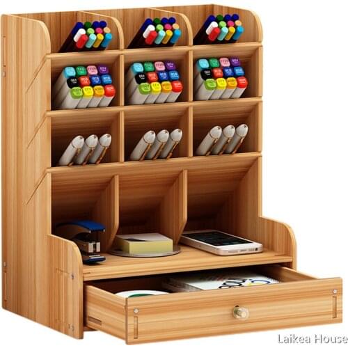 Wooden Desk Organizer DIY Pen Holder Box Stationary Desk Home Office Supplies Storage Rack Practical Organizer Large Capacity