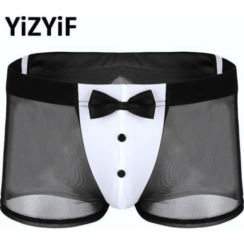 Mens lingerie swimsuit swimwear Butler Waiter Tuxedo sexy Lingerie See Through Mesh Boxer Briefs Underwear with Back Rabbit Ears