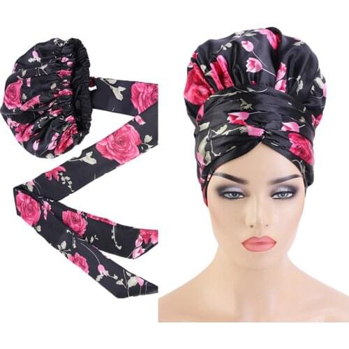 New African Print Satin Bonnet With Long Ribbon Wrap Double Layer Headwrap Ankara Pattern Women Hair Cover Large Size Hair Wrap