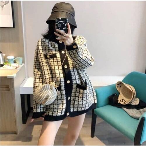 Autumn New Fashion Sweater Women Coat Long Sleeve Houndstooth Printed Single Breasted Loose Elegant Knitting Sweaters Female