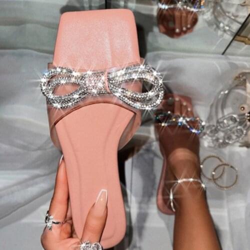 Womens Summer New Slippers Fashion Crystal Bow Ladies Square Toe Shoes Flat PVC Transparent Women Shoes Female Footwear