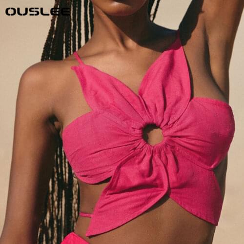 OUSLEE Women Summer Beach Flower Shape Backless Sexy Tops Club Outfits Off Shoulder Cut Out Camis Mini Cute Y2K Crop Tops Street