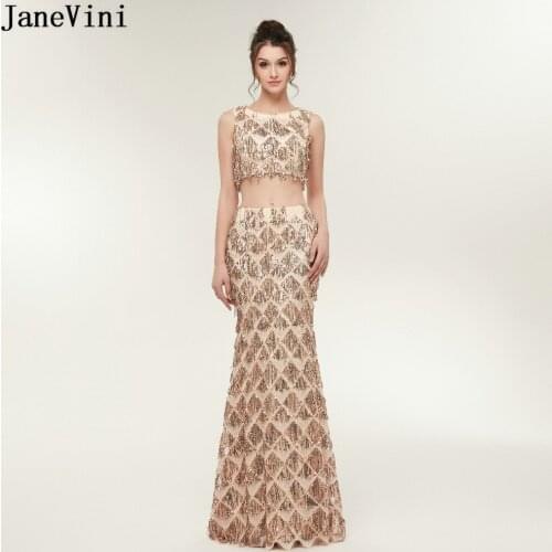 JaneVini Champagne Gold Tulle Two Pieces Bridesmaid Dresses Chic Sparkly Tassel Sequined Mermaid Long Prom Gowns Floor Length