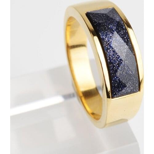 Simple Mens Ring Punk Rock Smooth 316L Stainless Steel Signet Ring with Blue Sand Cut Stone Wholesale Male Wedding Anel