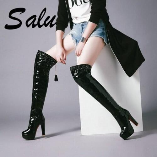 Salu Women Over The Knee Boots Pu Leather High Heel Round Toe Fashion Zipper Design Women Motorcycle Boots Size 34-48