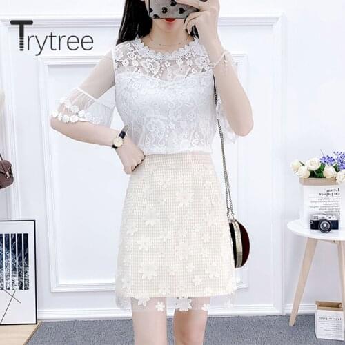 Trytree 2020 Summer Two piece set Casual O-neck Patchwork Flare Sleeve Lace Top + Skirt Mesh Embroidery Fashion Set 2 Piece Set