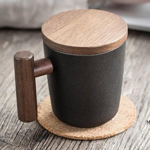 Japanese-style Vintage Ceramic Coffee Mug Tumbler Rust Glaze Tea Mugs with Wooden Handle and Lid Water Cup Home Office Drinkware
