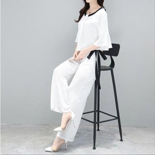Korean version of the new womens summer chiffon blouse ladies fashion Western style two-piece wide leg pants suit AL7741