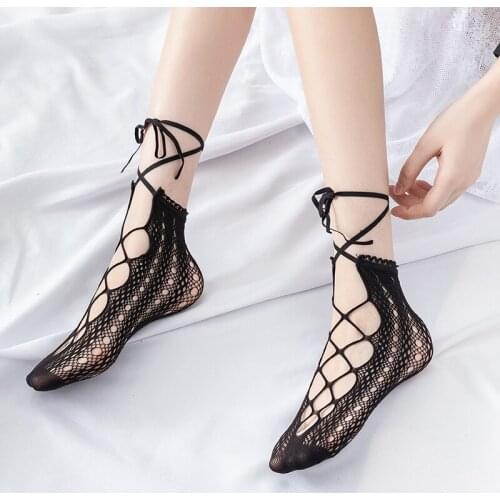 Woman Socks Lolita Short Socks Long Rope Strap Top Cross Bow Knot Cosplay Accessories Lace Anime Cartoon Mesh Tights