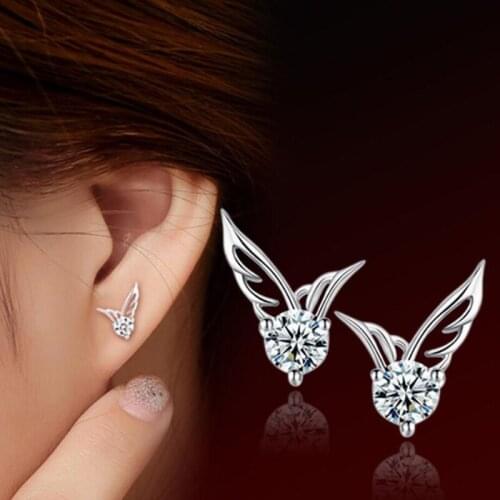 Elegant 925 Sterling Silver Stud Earrings For Women Wedding Jewelry Cute Zircon Wing Earring Girl Fashion Party Accessories Gift