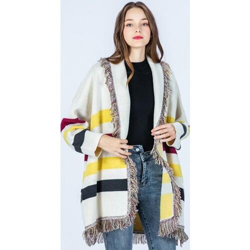 Autumn Classics Stripe Cashmere cardigans Top High Quality Womens Fashion tassels loose knitted overcoat C908