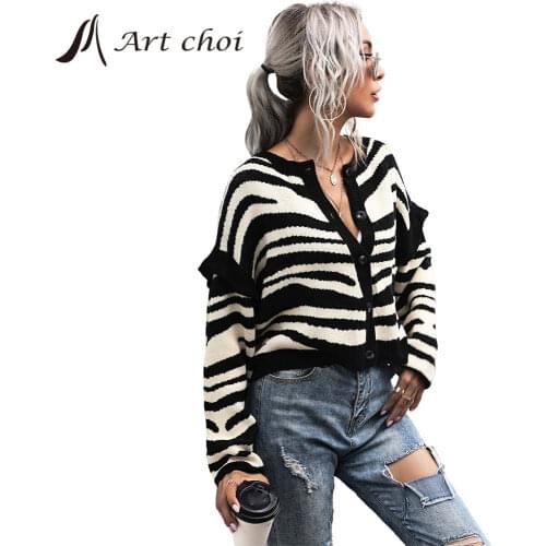 Cardigan Spring Autumn Zebra Stripe Knitwear Sweater Women Ribbed Jumper Knitted Cotton Ladies Soft Outwear Female Coats