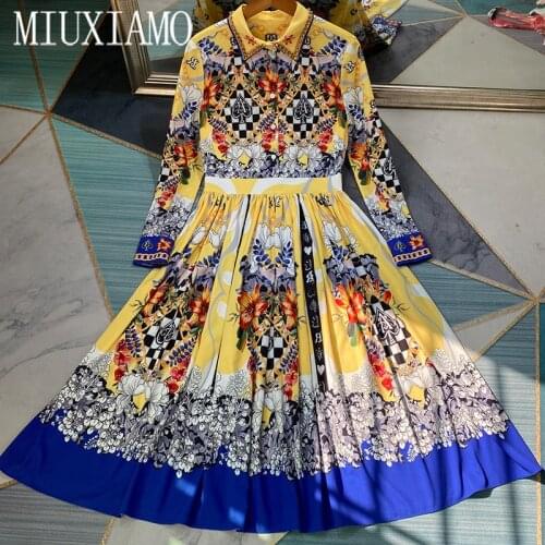 MIUXIMAO 2021 Spring Summer Dress New Cute Flower Print Elegant Long Sleeve Knee-Length Diamonds Slim Dress Women Vestidos