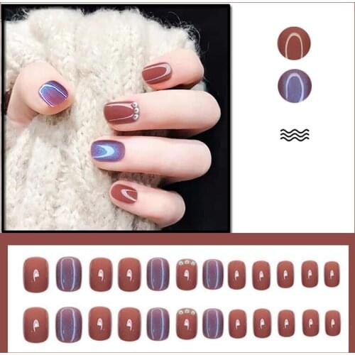 24pcs Aquamarine Pearl Wear Short Paragraph Fashion Manicure Patch False Nails Save Time Wearable Nail Patch MH88